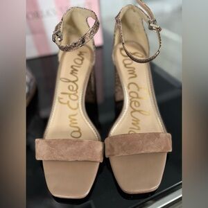 Sam Edelman Taupe Suede Block Heel Sandals with Snake-Print Ankle Strap